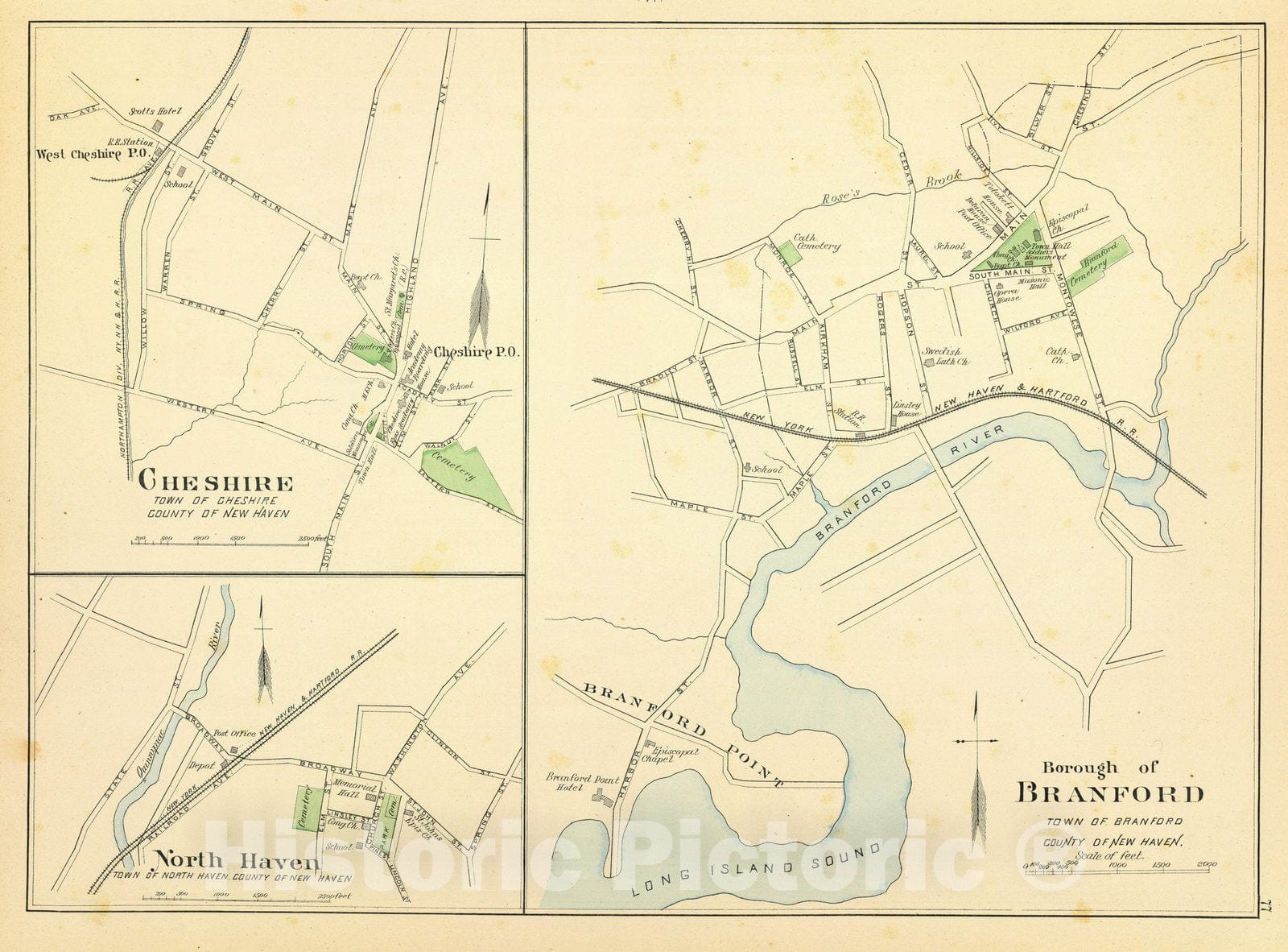 Historic Map - State Atlas Map, Branford, Cheshire, N. Haven. 1893 - Vintage Wall Art
