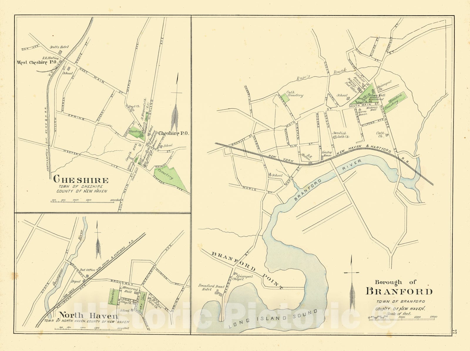 Historic Map - State Atlas Map, Branford, Cheshire, N. Haven. 1893 - Vintage Wall Art