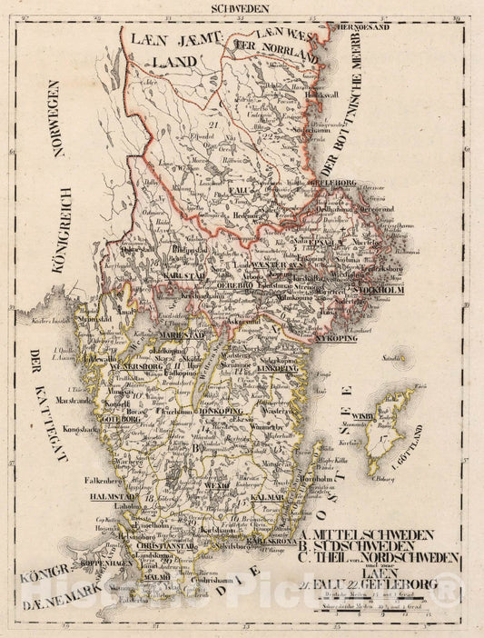 Historic Map : V.1:1-5: V: III: Schweden: A. Mittel Schweden. B. Sudschweden. C.Nordschweden, 1825, Vintage Wall Decor