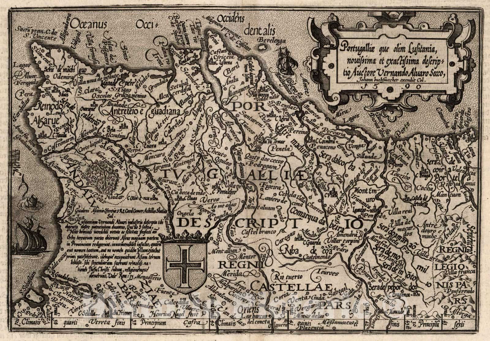Historic Wall Map : Portugal,56. Portugalliae descriptio. 1600 , Vintage Wall Art