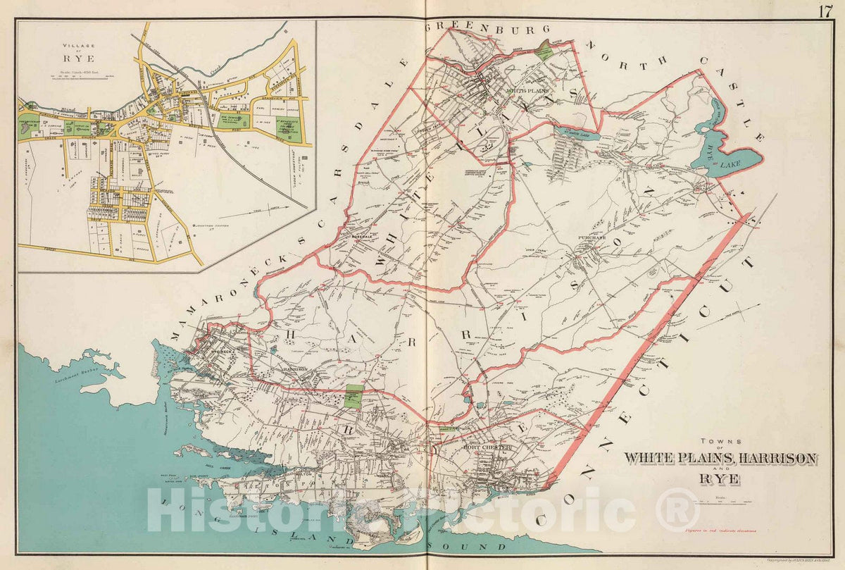 Historic Map : County Atlas Map, White Plains, Harrison, Rye towns. 1893 - Vintage Wall Art