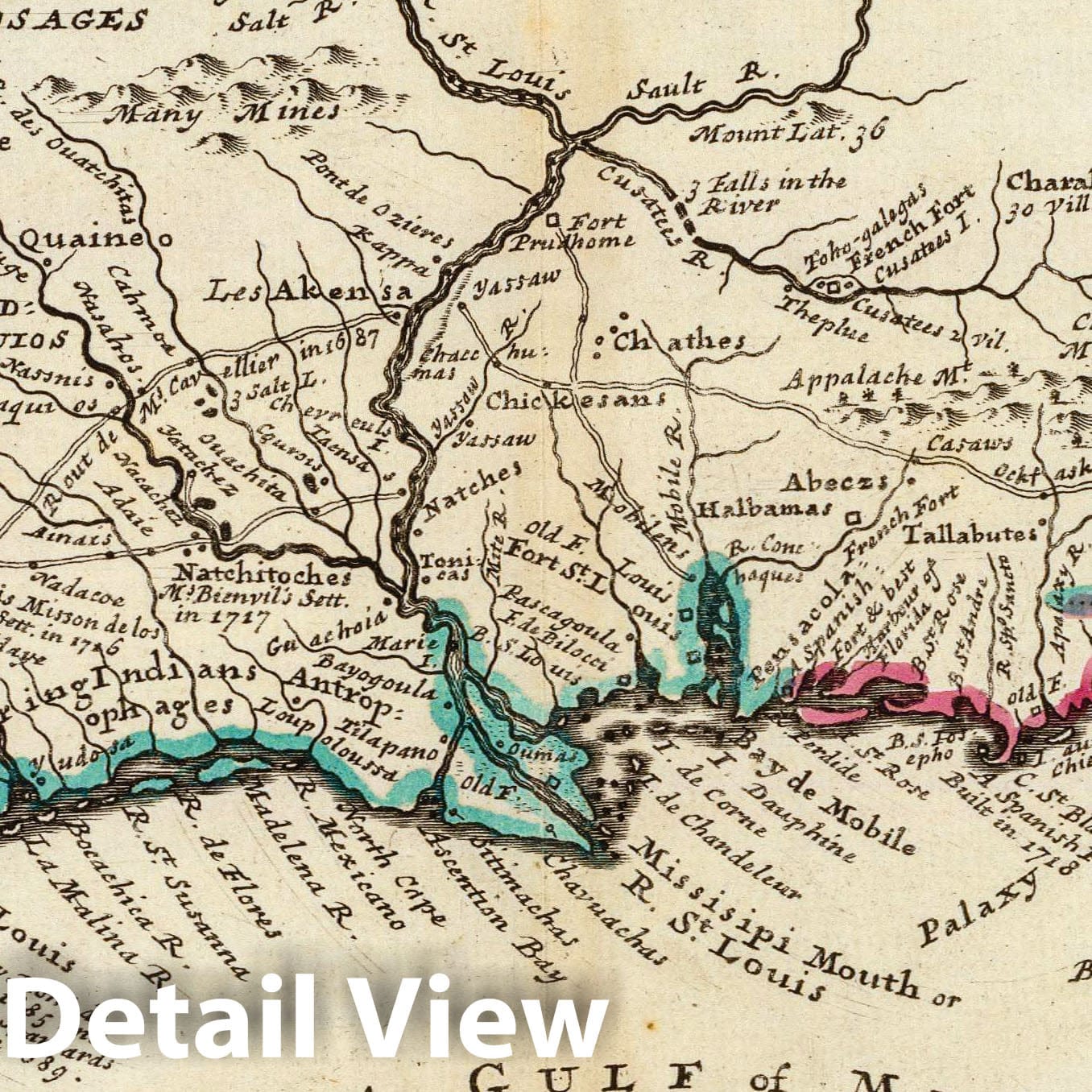 Florida called by ye French Louisiana &c. by H. Moll Geographer 1736 - Historical Map Print