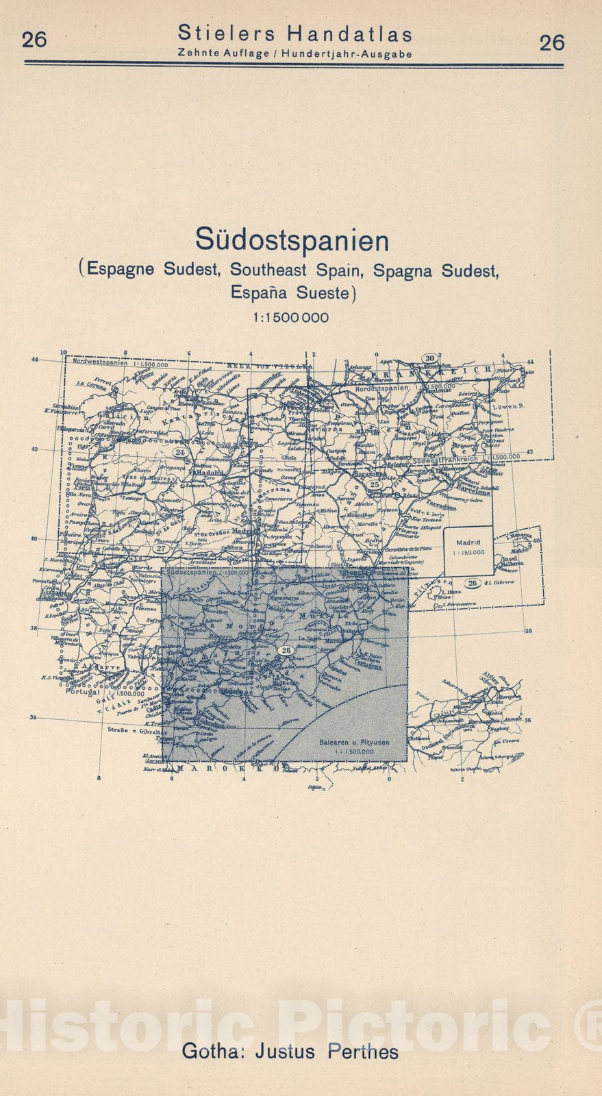 Historic Map : Index Map: 26. Sudostspanien. Southeast Spain, 1925 - Vintage Wall Art