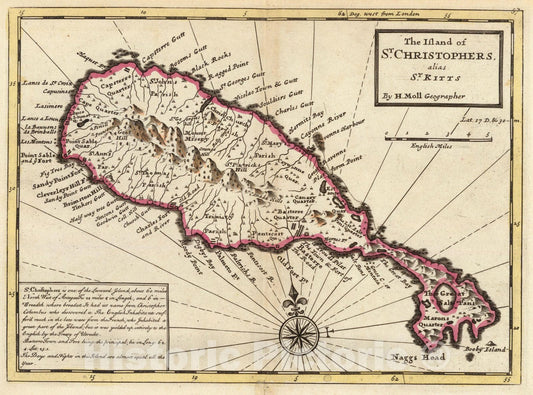 Historic Map : World Atlas Map, Island of St. Christophers, alias St. Kitts. 1736 - Vintage Wall Art
