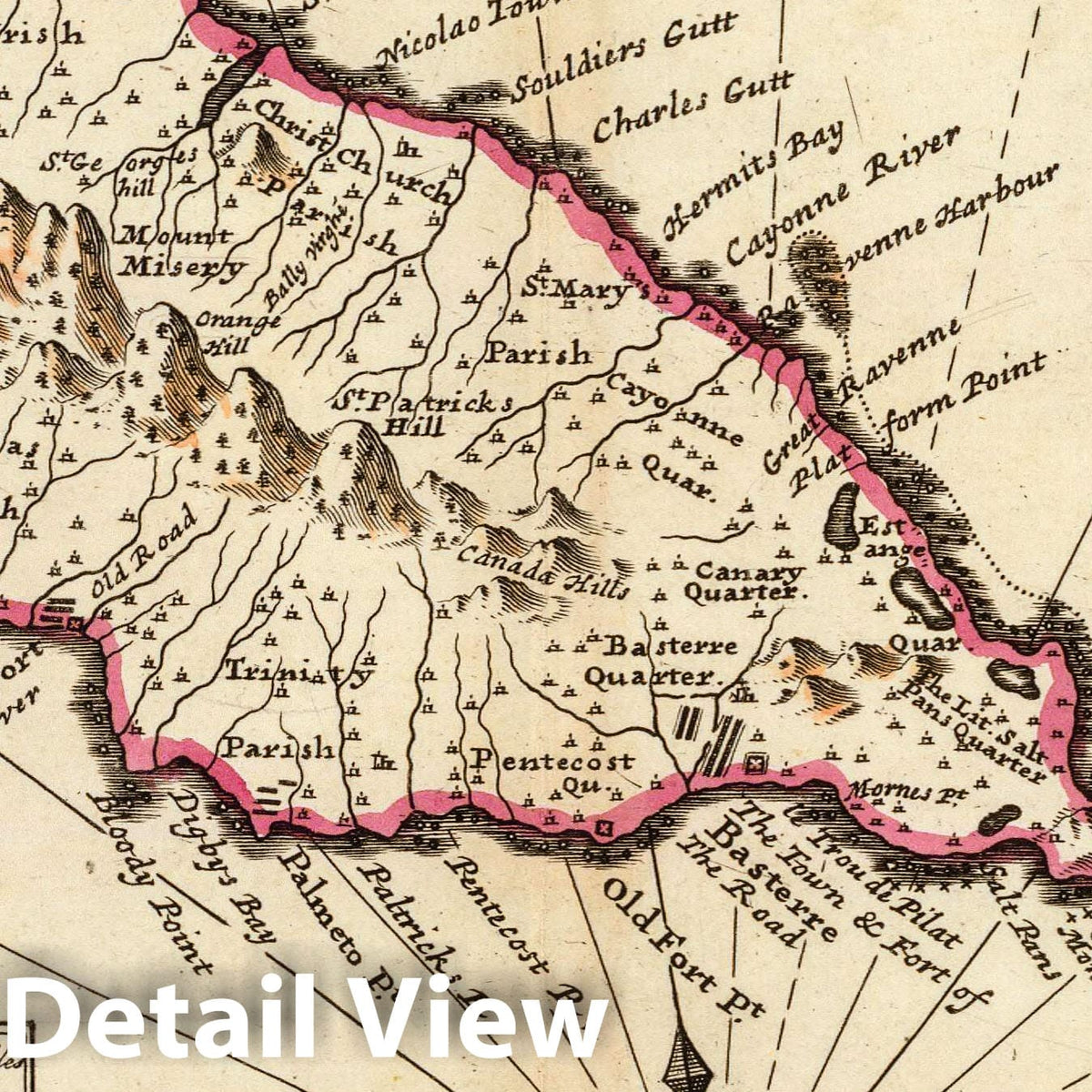 Saint Kitts and Nevis - River Map, 1736 - Herman Moll Historical Map Print