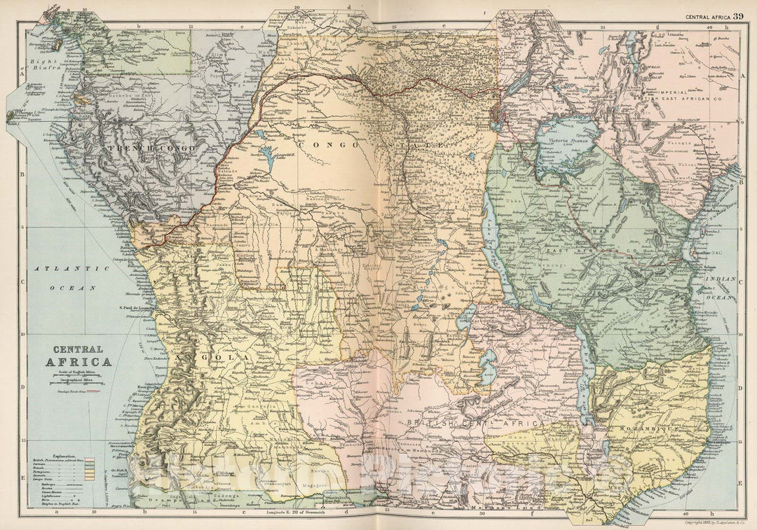 Historic Map : World Atlas Map, Central Africa 39 1892 - Vintage Wall Art