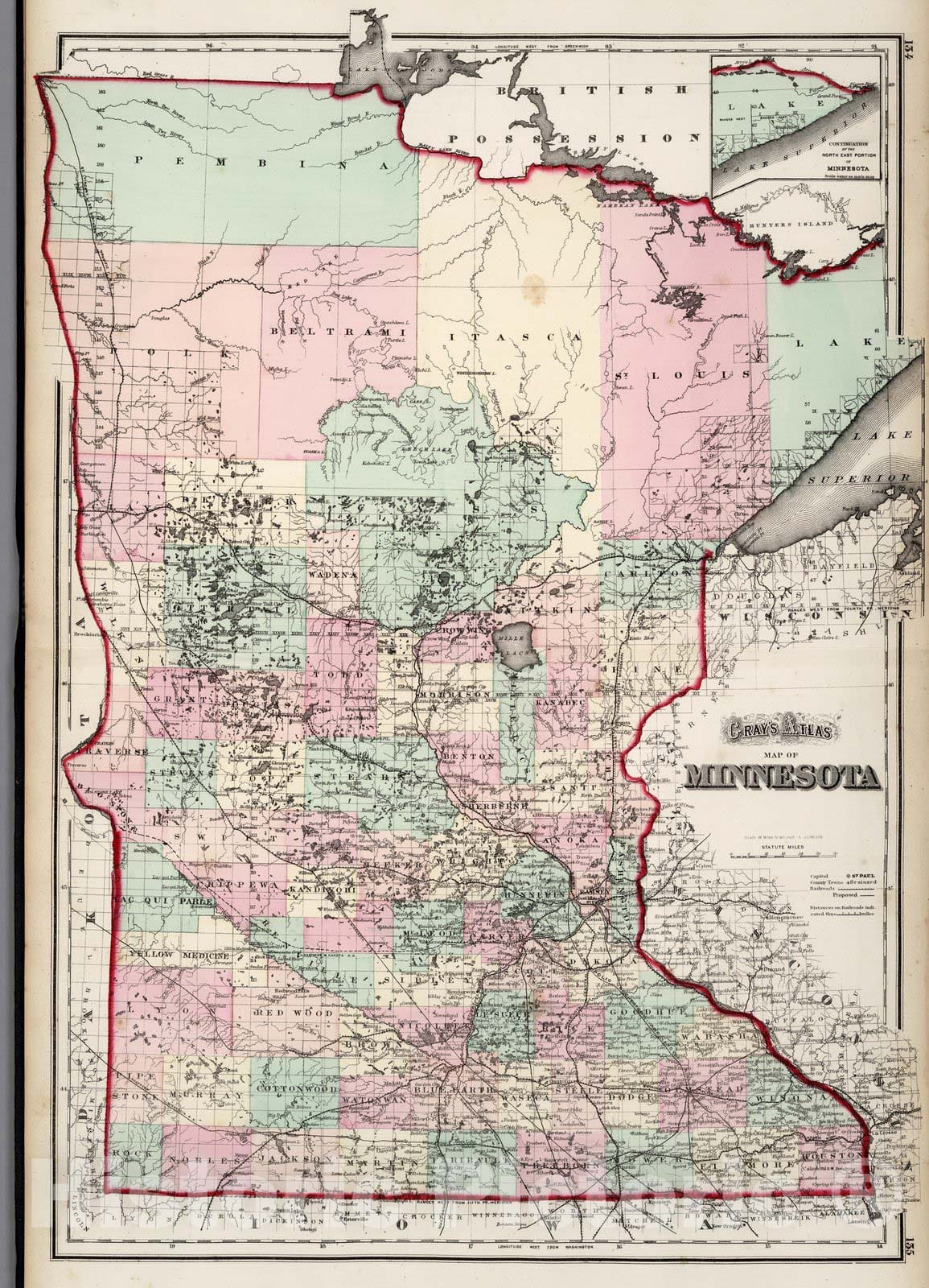Historic Map : World Atlas Map, Minnesota. 1873 - Vintage Wall Art