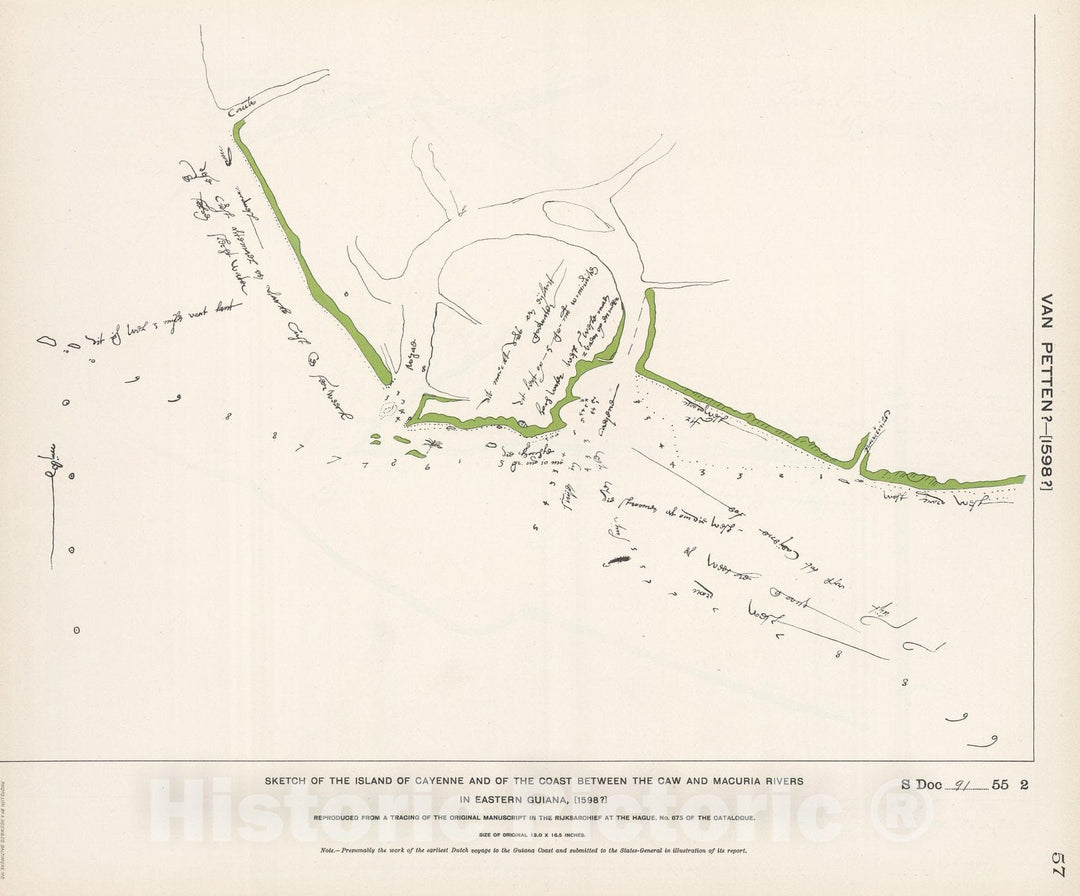 Historic Map : Island of Cayenne, Coast between Caw and Macuria River by van Petten. 1598 - Vintage Wall Art