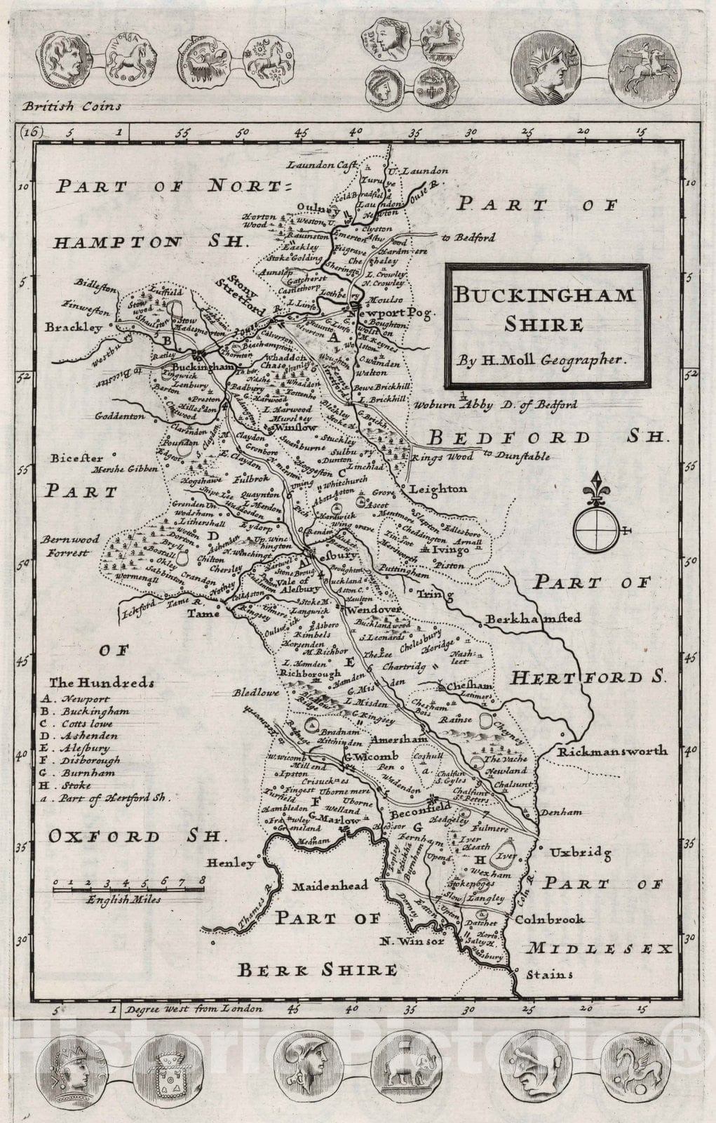 Historic Map : Buckingham Shire. By H. Moll Geographer 1724 - Vintage Wall Art