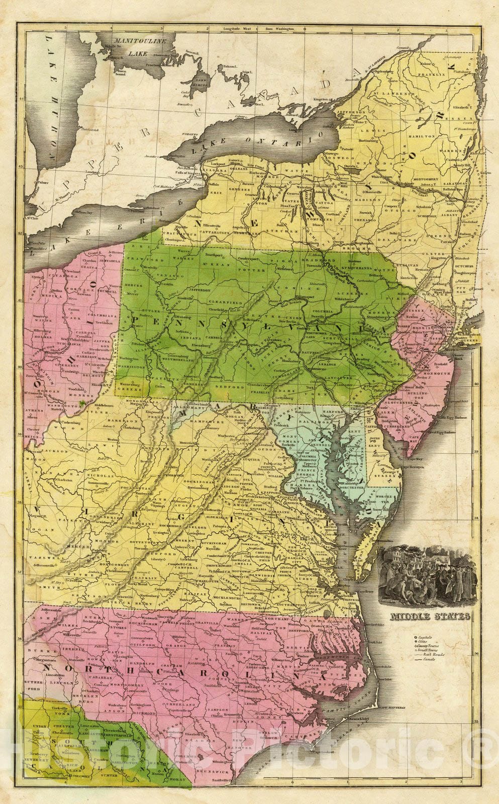 Historic Map : School Atlas Map, Middle States. 1842 - Vintage Wall Art