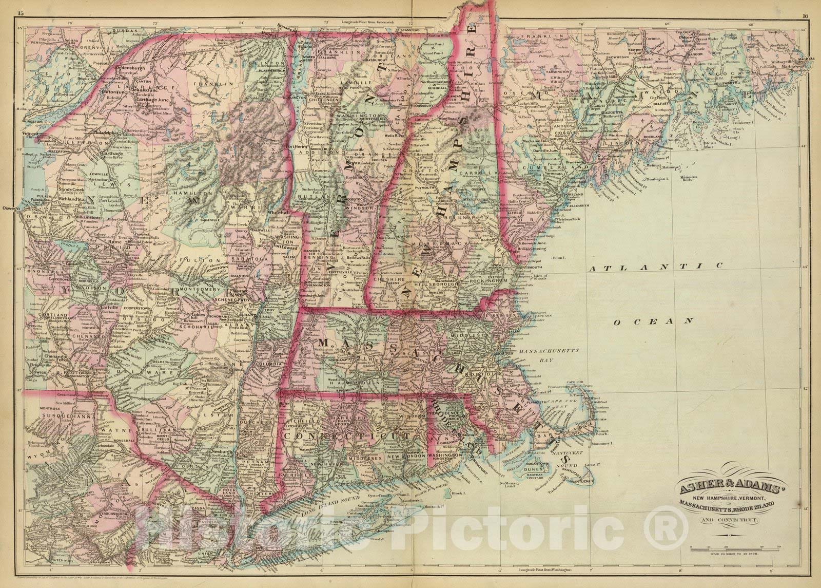 Historic Map : N.H, Vt, Mass, R.I, Conn. 1874 - Vintage Wall Art