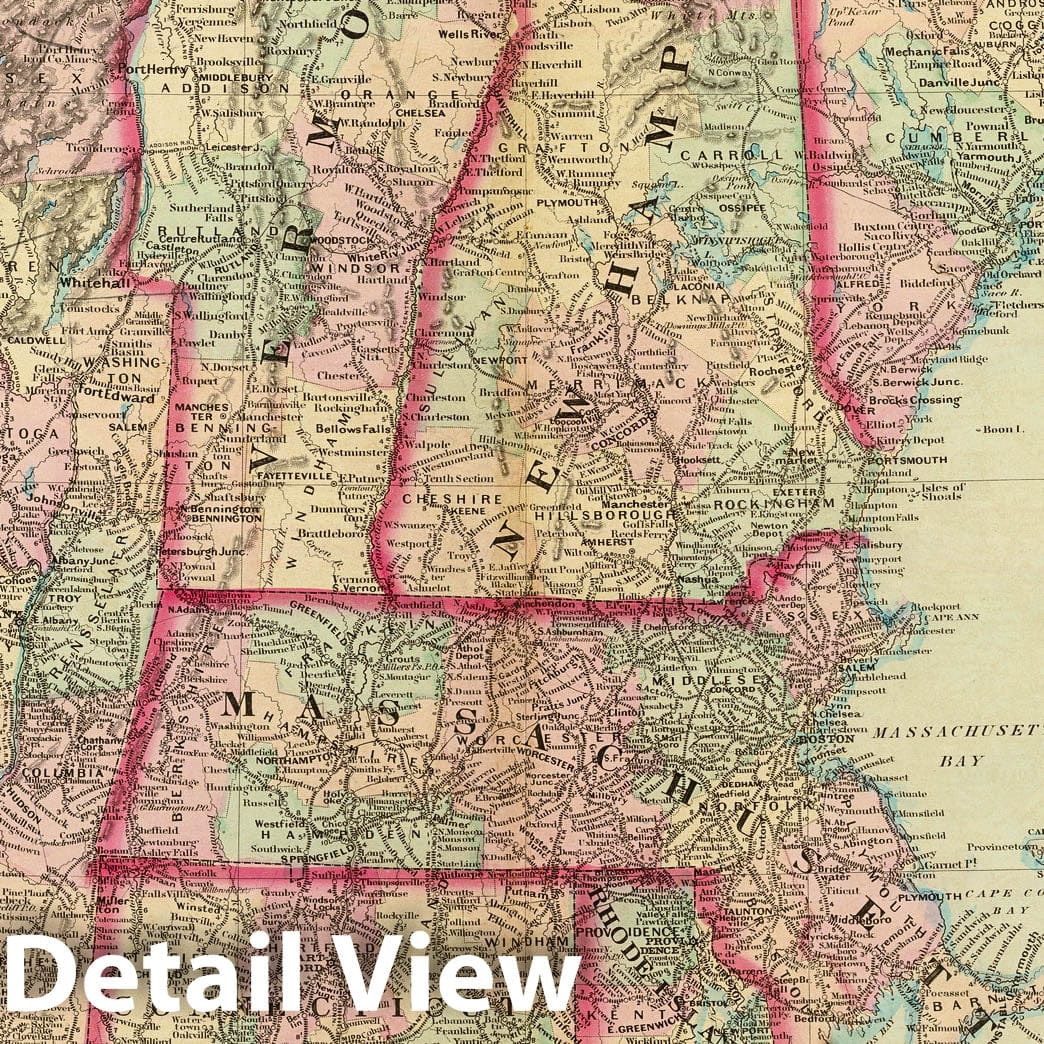 New Hampshire, Vermont, Massachusetts, Rhode Island, Connecticut - Railroad Map, 1874