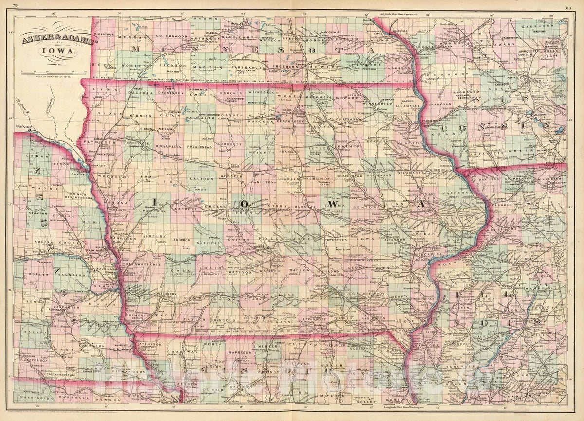Historic Map : Iowa. 1874 - Vintage Wall Art