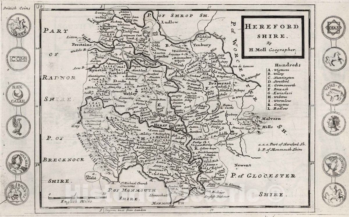 Historic Map : Hereford Shire. By H. Moll Geographer 1724 - Vintage Wall Art