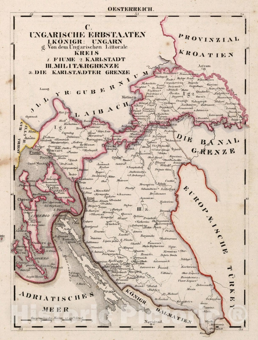 Historic Map : Austria, V.3:11-15:XII: 2. Oesterreich. C. Ungarische erbstaaten, I. Koenigreich Ungarn. III. Militaergrenze 1828 , Vintage Wall Art