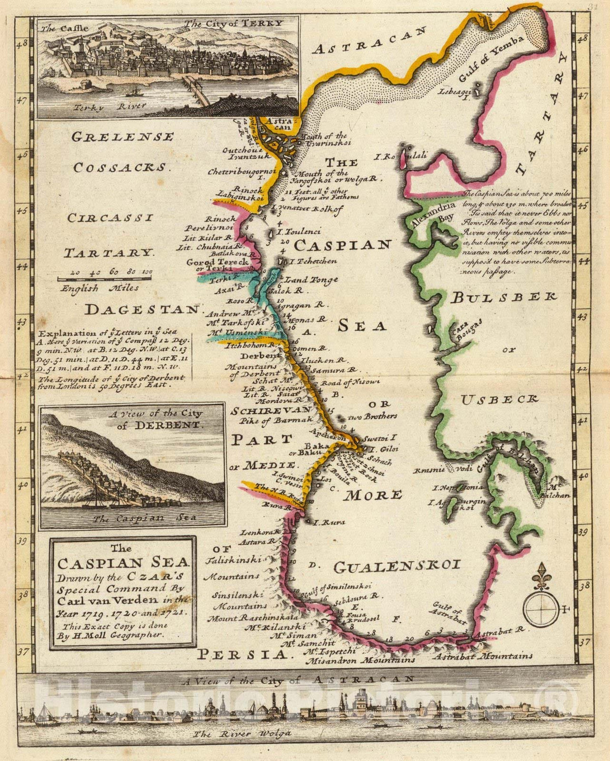 Historic Map : World Atlas Map, Caspian Sea, Terky, Derbent, Astracan. 1736 - Vintage Wall Art