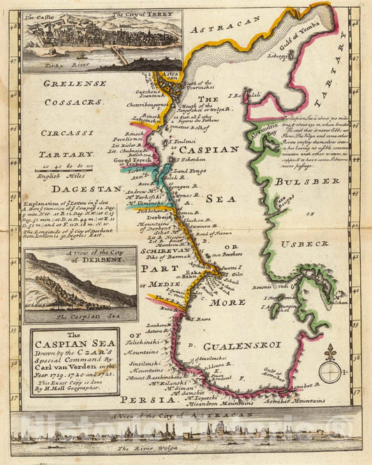 Historic Map : World Atlas Map, Caspian Sea, Terky, Derbent, Astracan. 1736 - Vintage Wall Art
