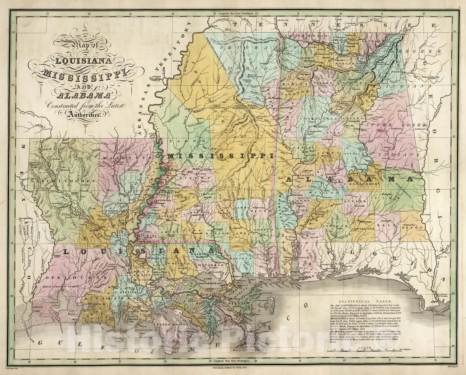 Historic Map : Louisiana, Mississippi, and Alabama. 1827 - Vintage Wall Art