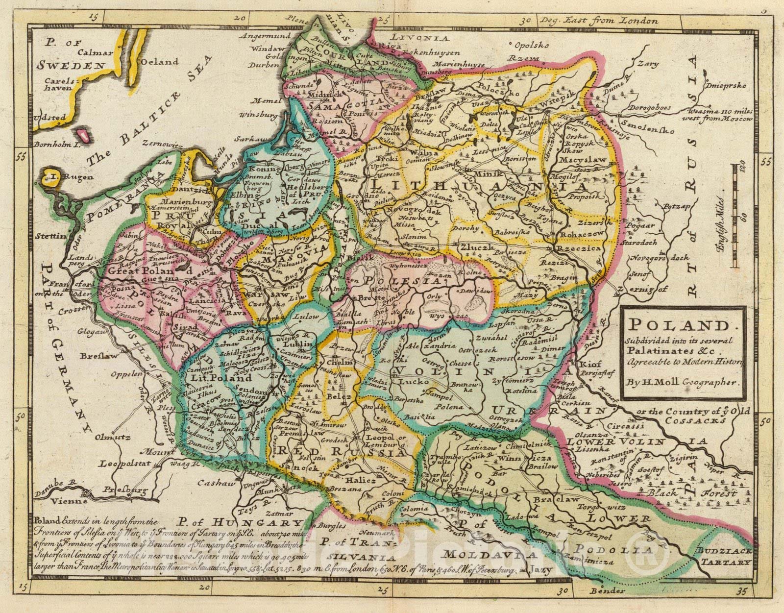 Poland - River Map, 1736 by Herman Moll - Historical Map Print