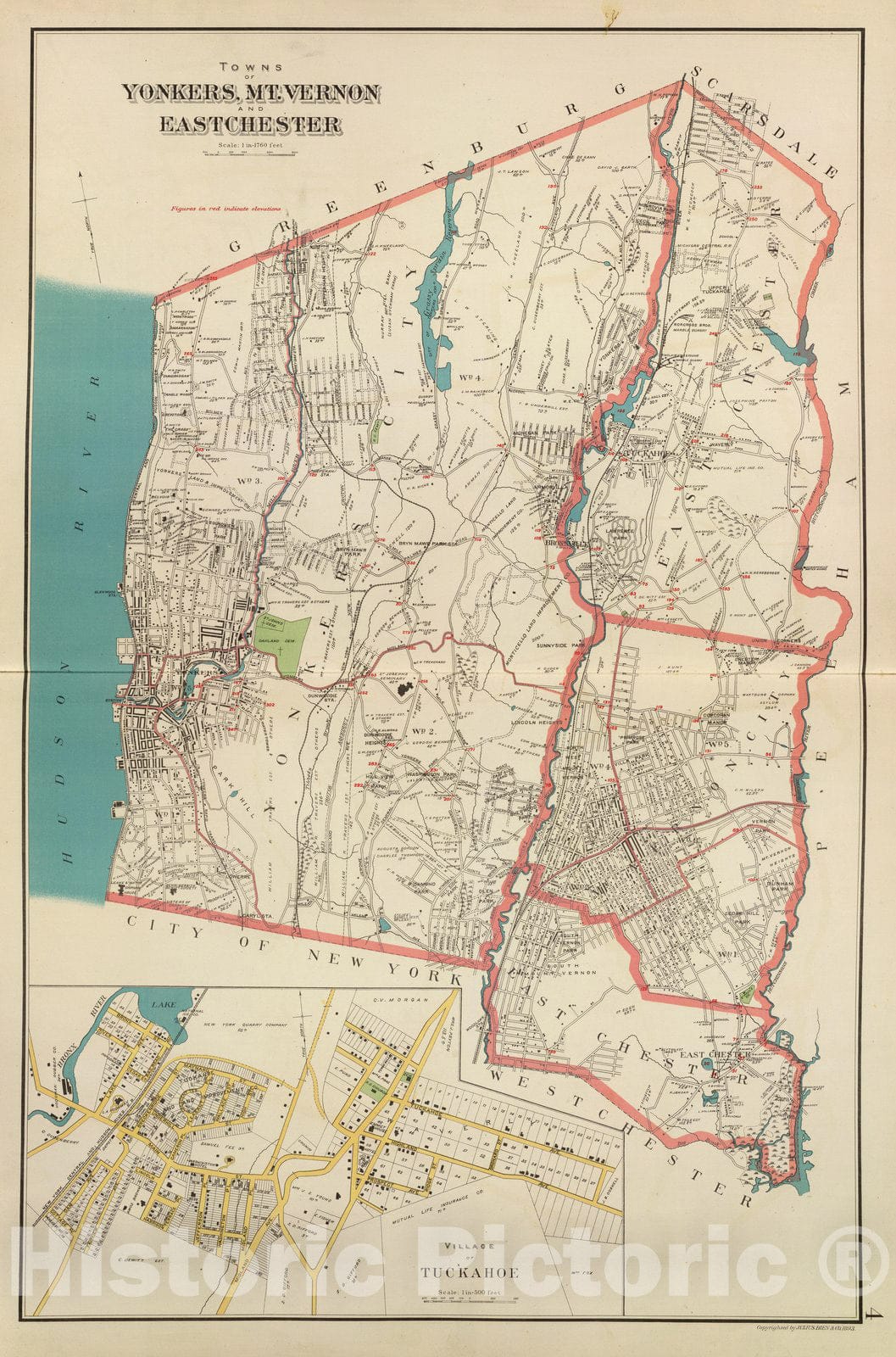 Historic Map : County Atlas Map, Yonkers, Mt. Vernon, Eastchester towns. 1893 - Vintage Wall Art