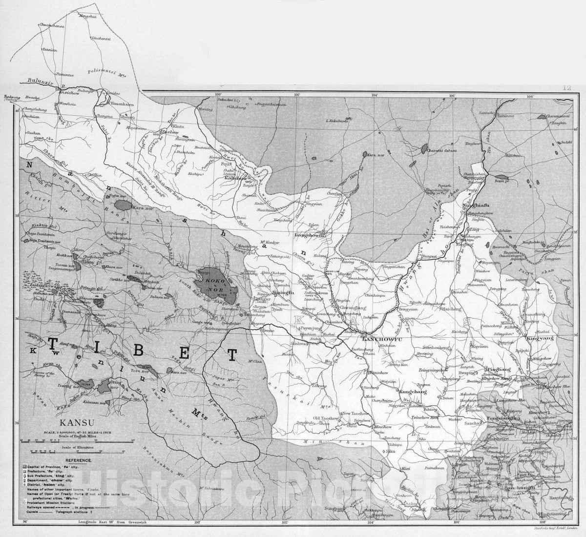 Historic Map : Kansu. Stanford's Geographical Establishment 1908 - Vintage Wall Art
