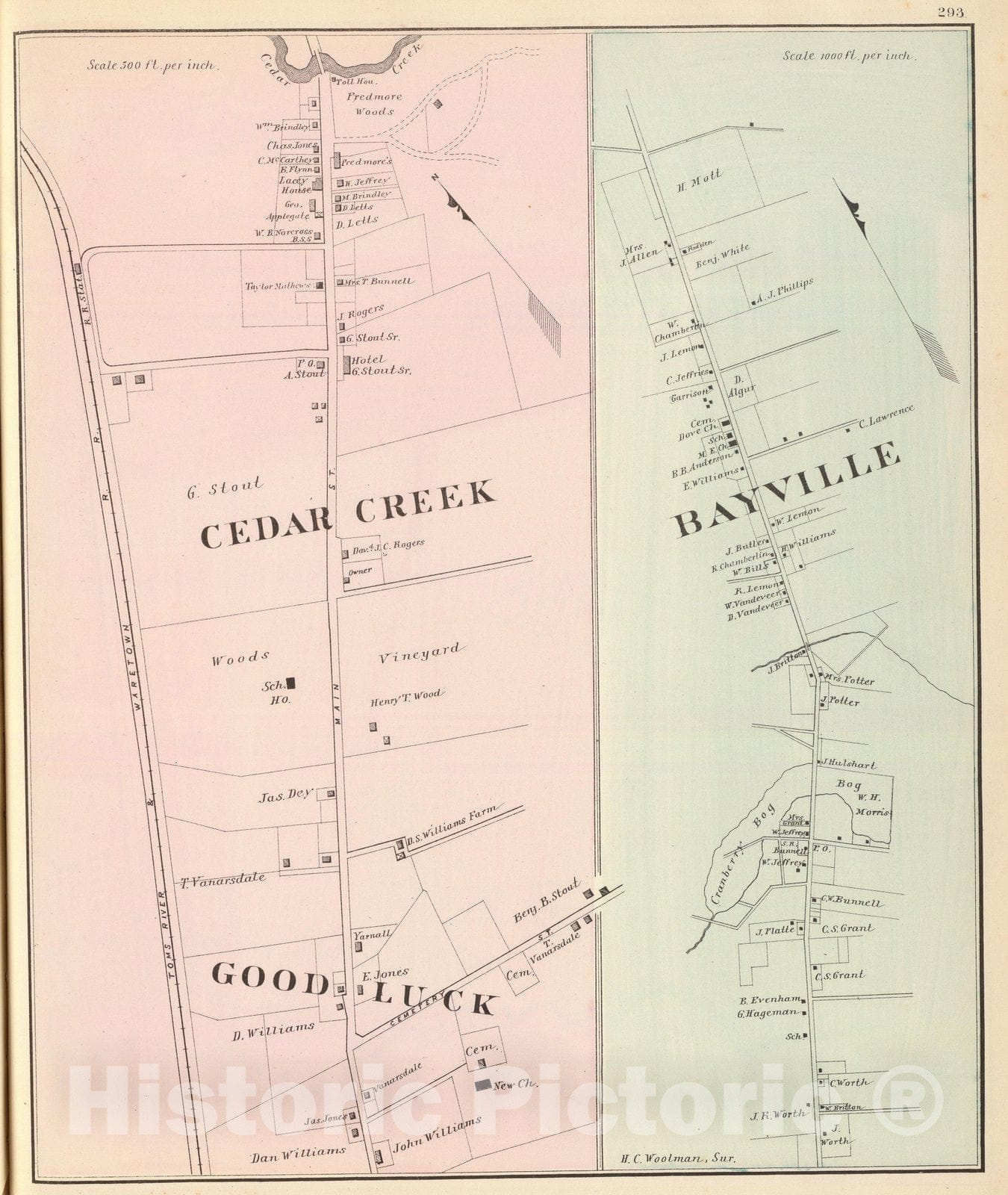 Historic Map : State Atlas Map, Cedar Creek, Goodluck. Bayville. 1878 - Vintage Wall Art