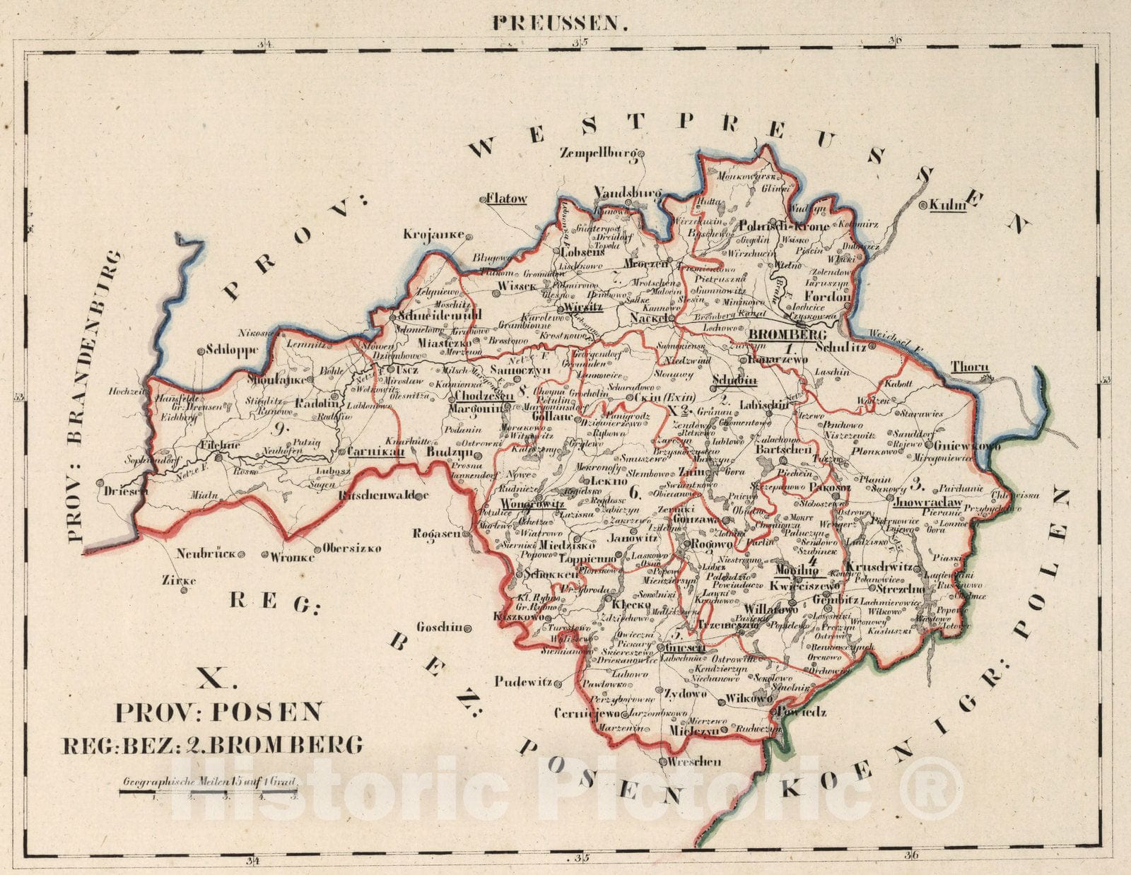 Historic Map : Prussia , Germany, V.2:6-10:X. Preussen. X. Prov: Posen. Reg: Bez: 2. Bromberg 1825 , Vintage Wall Art