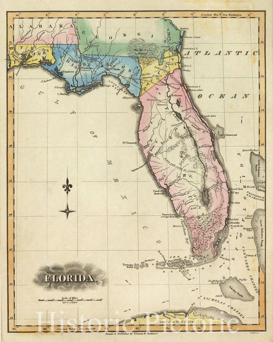 Florida - River Map, 1823 - Hand-Colored Historical Map Print