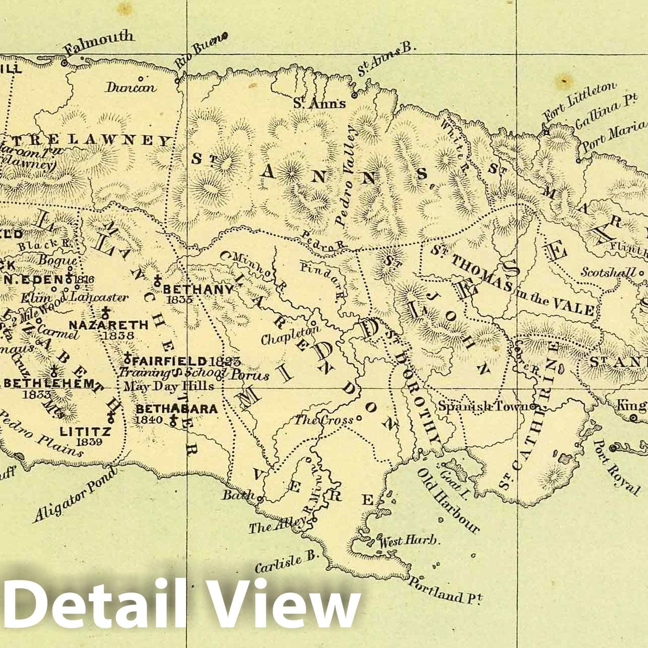 Jamaica, 1853 - Moravia Church Historical Map Print