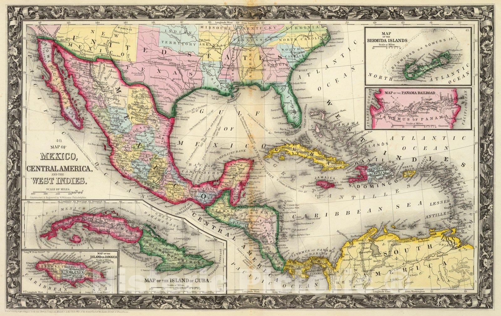 Mexico, Central America, and West Indies with Cuba, Jamaica, Bermuda - 1860 Map Print
