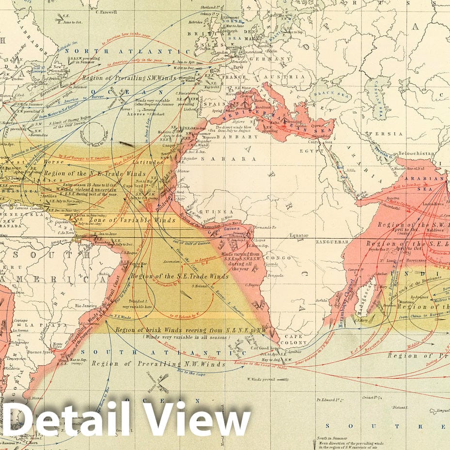 Currents of Air - Climate Map, 1854 - Historical Map Print