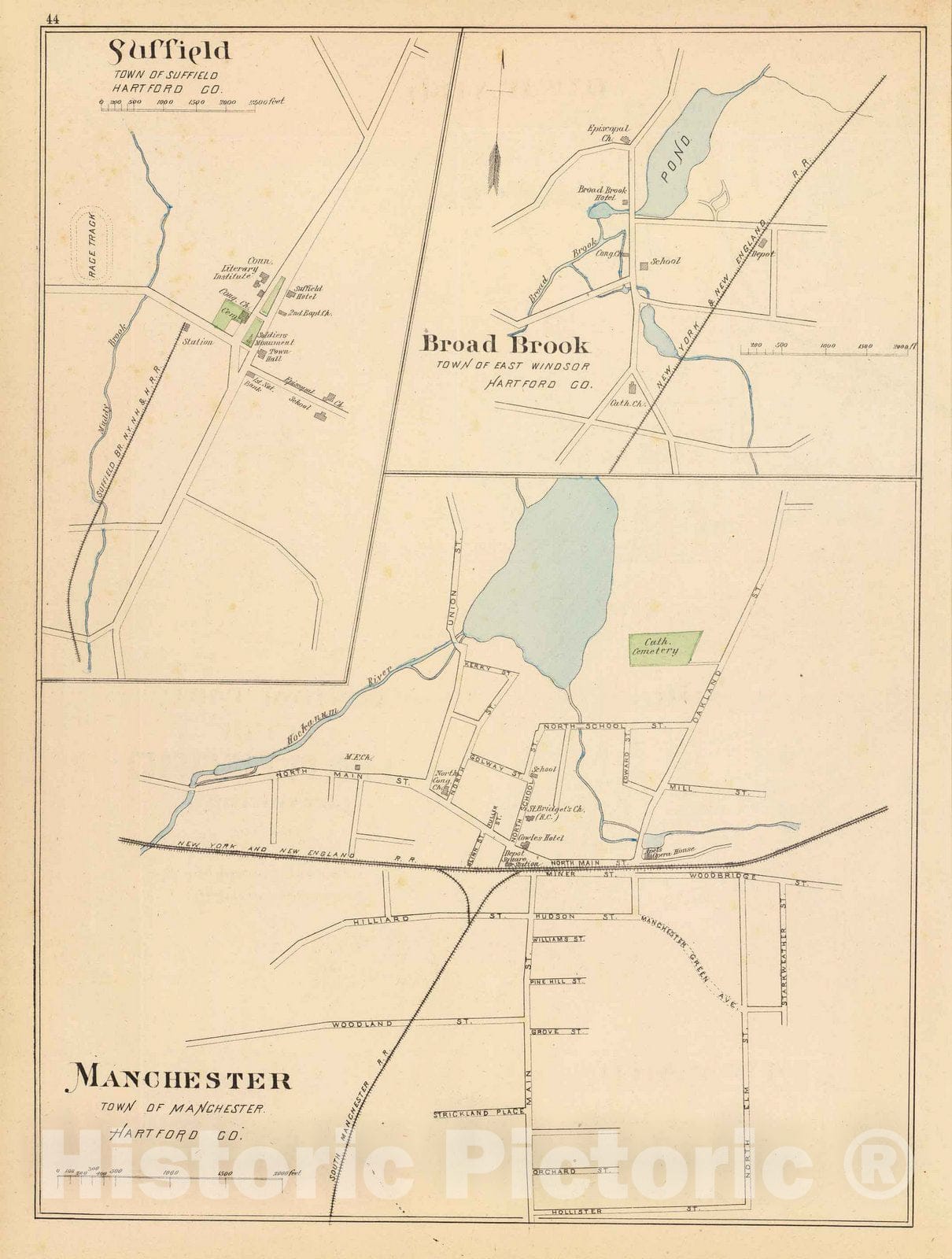 Historic Map : State Atlas Map, Manchester, Suffield, Broad Brook. 1893 - Vintage Wall Art