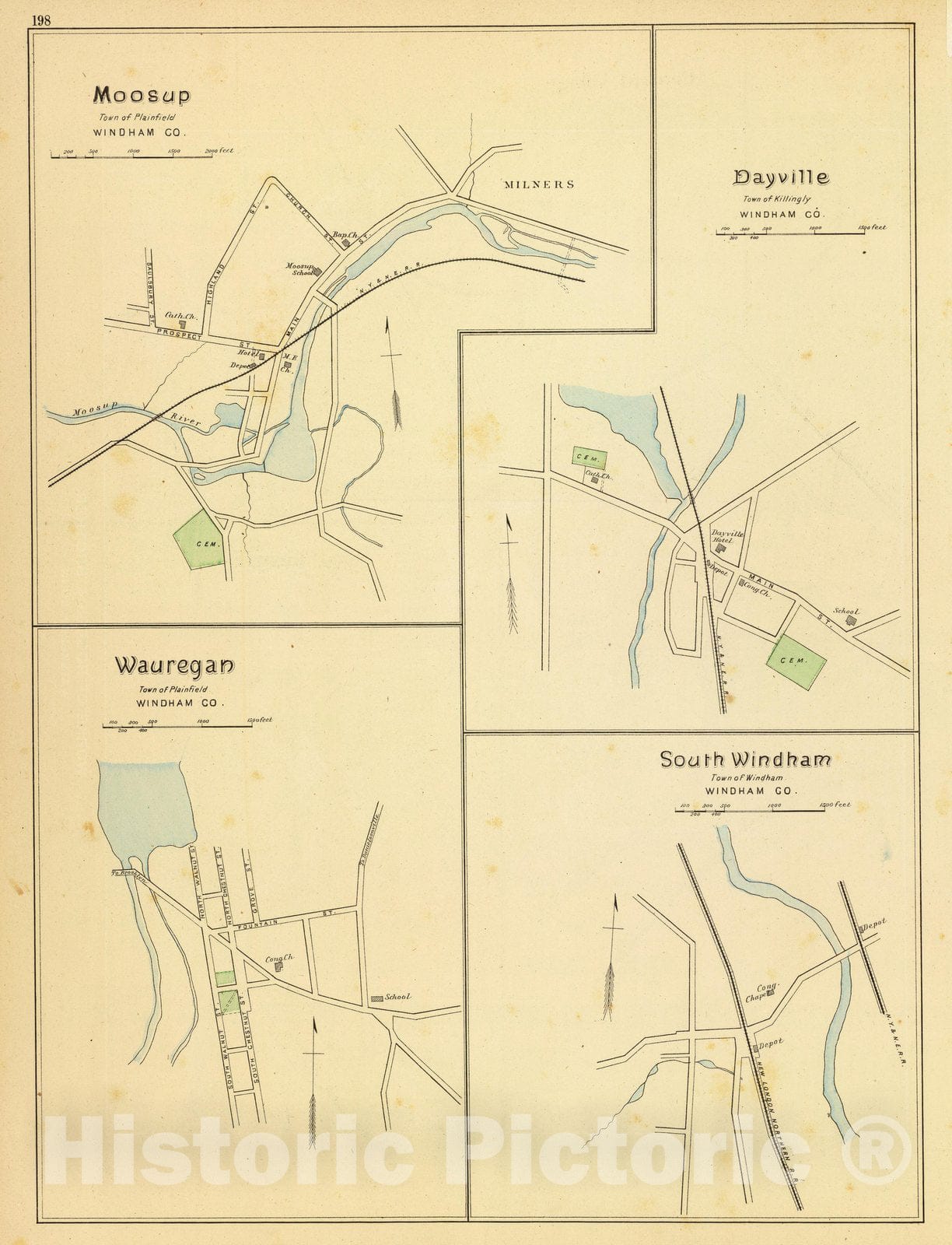 Historic Wall Map : State Atlas Map, Moosup, Dayville, Wauregan, S. Windham. 1893 - Vintage Wall Art