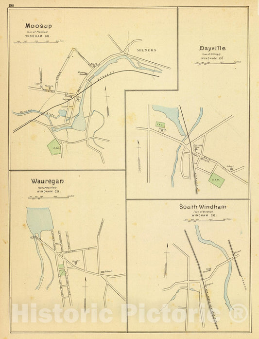 Historic Wall Map : State Atlas Map, Moosup, Dayville, Wauregan, S. Windham. 1893 - Vintage Wall Art