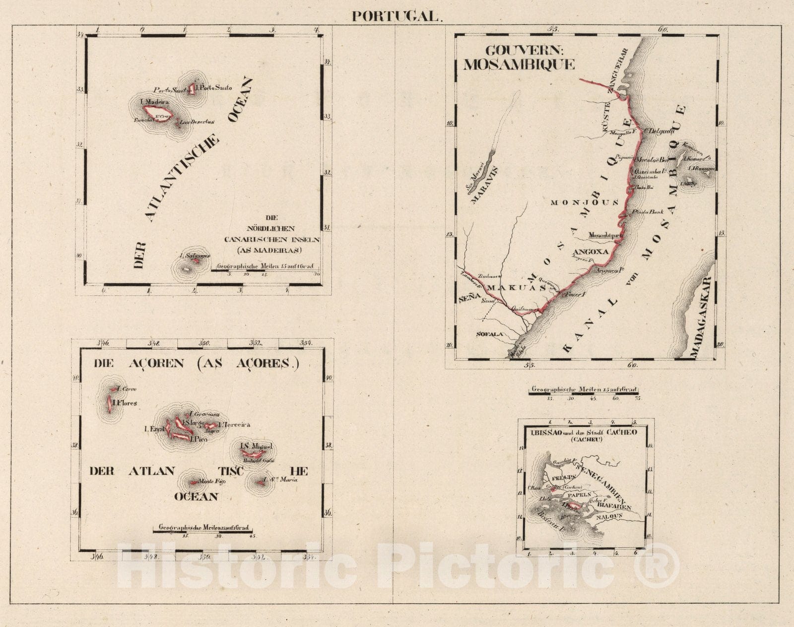 Historic Map : Portugal, V.1:1-5: III: Portugal. Canarischen Inseln. Mosambique. Die Asoren 1825 , Vintage Wall Art