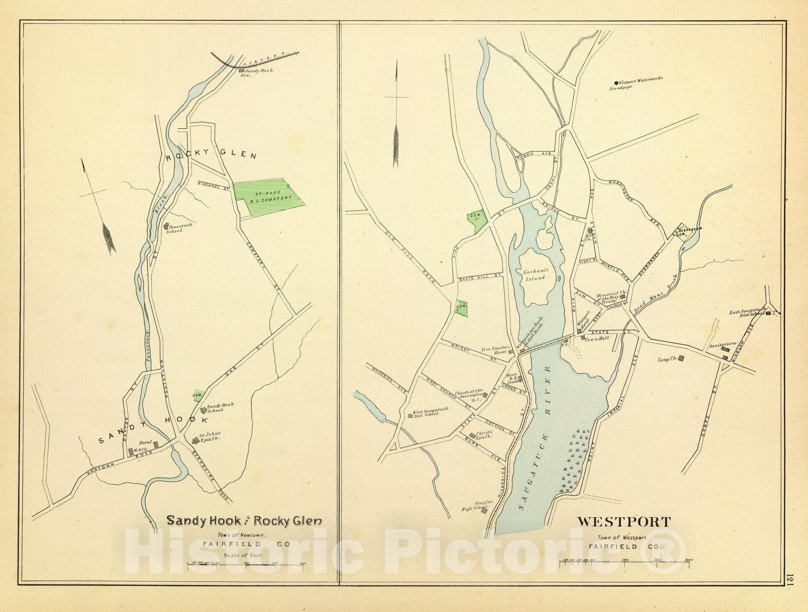 Historic Map : State Atlas Map, Westport, Sandy Hook, Rocky Glen. 1893 - Vintage Wall Art