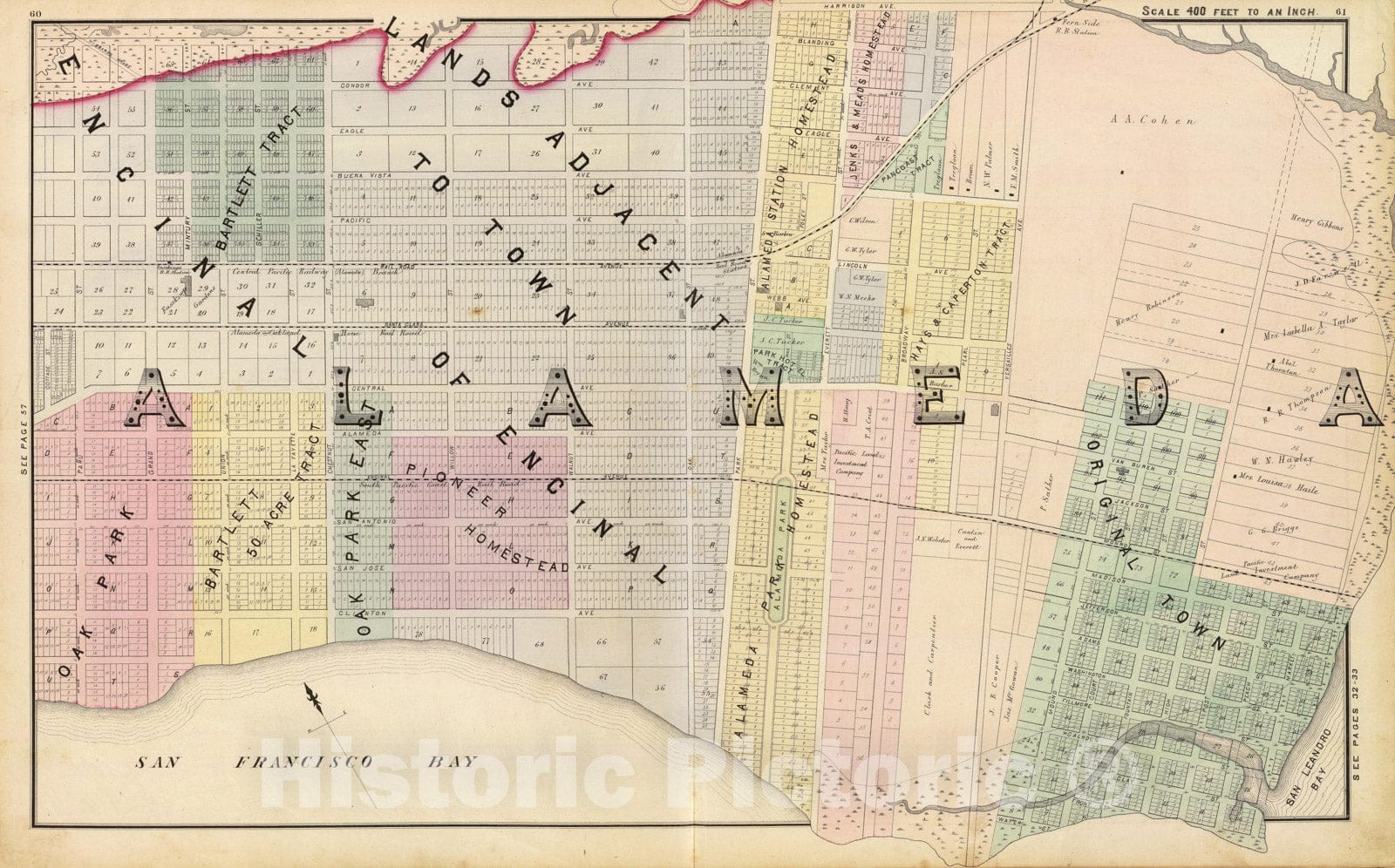 Historic Map - Official and atlas map of Alameda County, California, Atlas Map, Alameda east. 1878, - Vintage Wall Art
