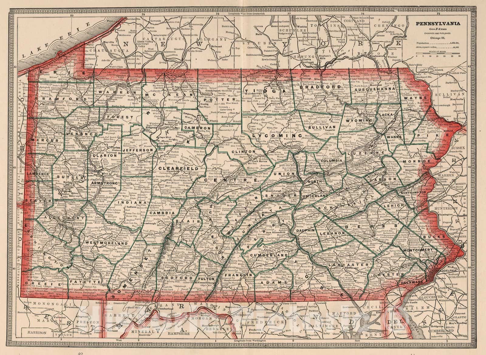 Historic Map : World Atlas Map, Pennsylvania. 1883 - Vintage Wall Art