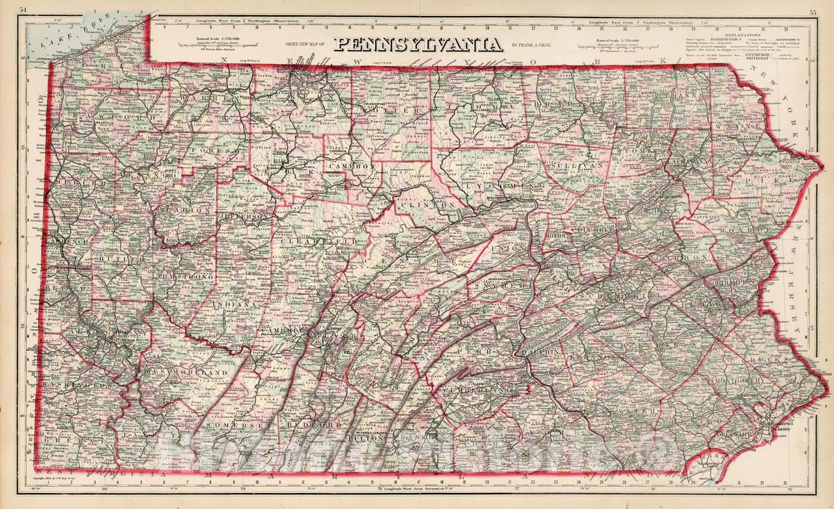 Historic Map : Pennsylvania. 1883 - Vintage Wall Art