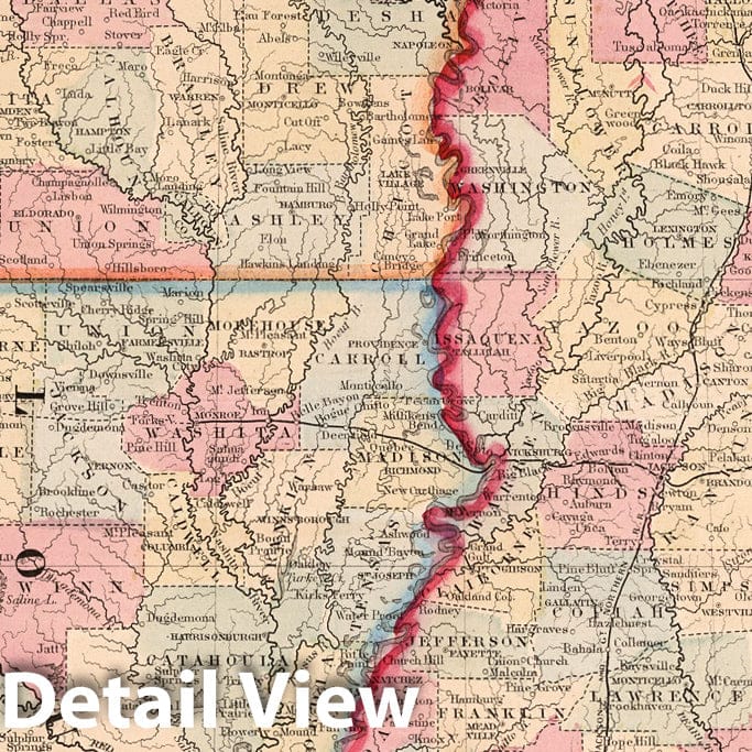 Arkansas, Mississippi, and Louisiana 1868 Historical Map Print