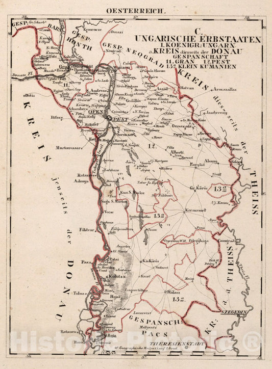 Historic Map : Austria, V.3:11-15:XII: 2. Oesterreich. C. Ungarische erbstaaten, I. Koenigr: Ungarn, Gespanschaft 11-13a 1828 , Vintage Wall Art