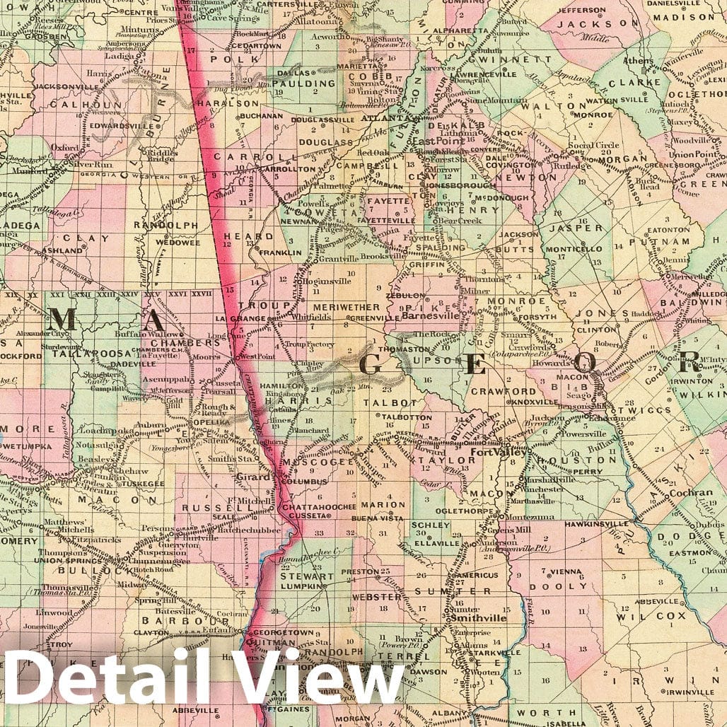 Georgia and Alabama - Railroad Map, 1874 - Historical Map Print