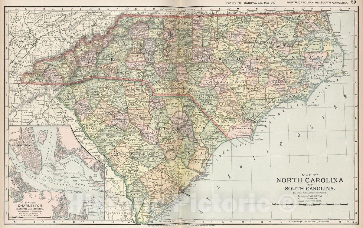 Historic Map : Map of North Carolina and South Carolina, 1891 - Vintage Wall Art