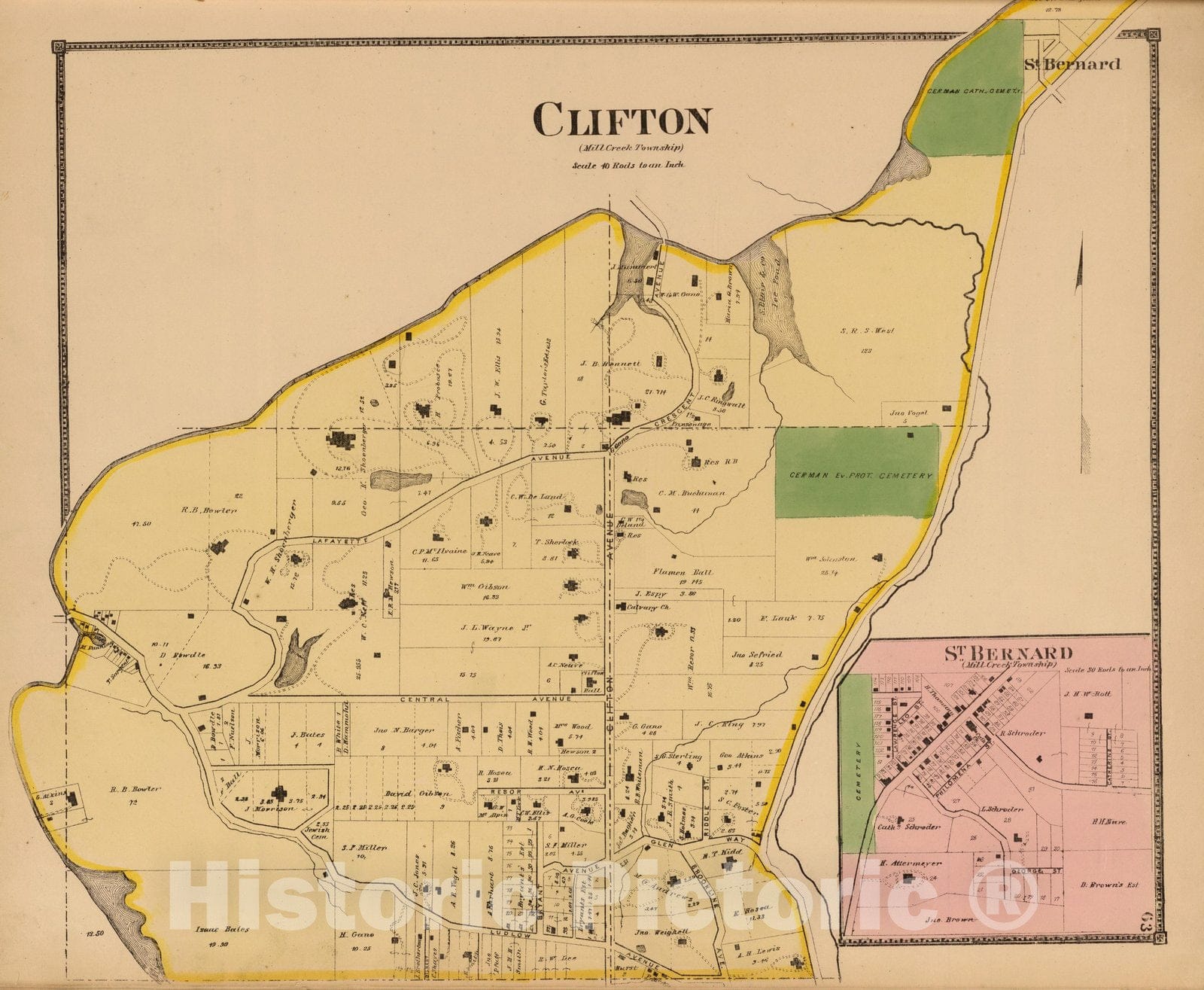 Historic Map : Titus' atlas of Hamilton Co, Ohio, County Atlas Map, Clifton. 1869 - Vintage Wall Art