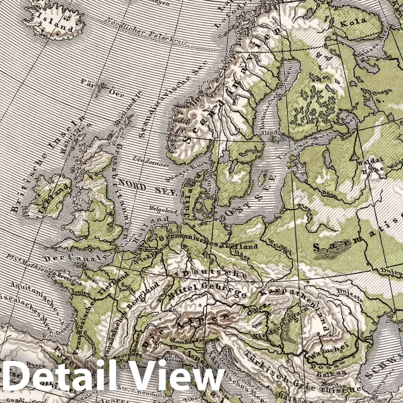 Europe - Physical Map, 1872 - Historical Map Print