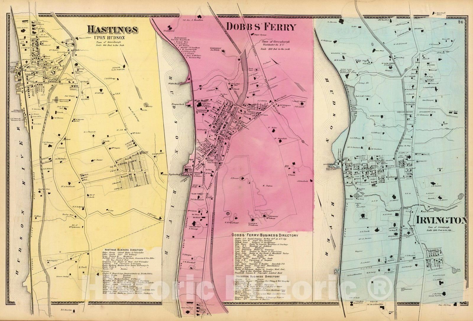 Historic Map - Atlas Map, Hastings on Hudson, Dobbs Ferry, Irvington. 1868, - Vintage Wall Art