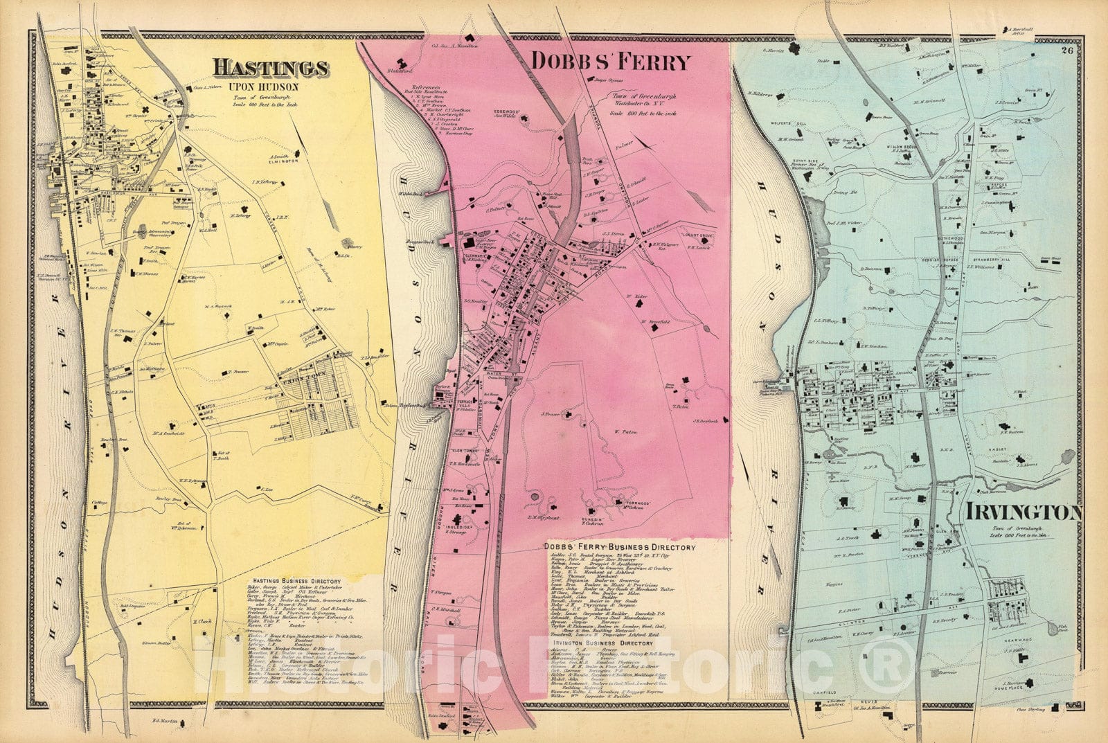 Historic Map - Atlas Map, Hastings on Hudson, Dobbs Ferry, Irvington. 1868, - Vintage Wall Art