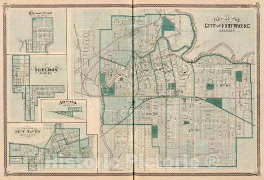 Historic Map : Map of the City of Fort Wayne (with) Cedarville, Sheldon, Arcola, New Haven, 1876 - Vintage Wall Art