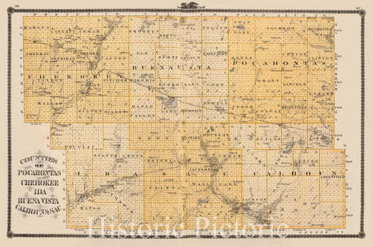 Historic Map : State Atlas Map, Counties of Pocahontas, Cherokee, Ida, Buena Vista, Calhoun & Sac. 1875 - Vintage Wall Art
