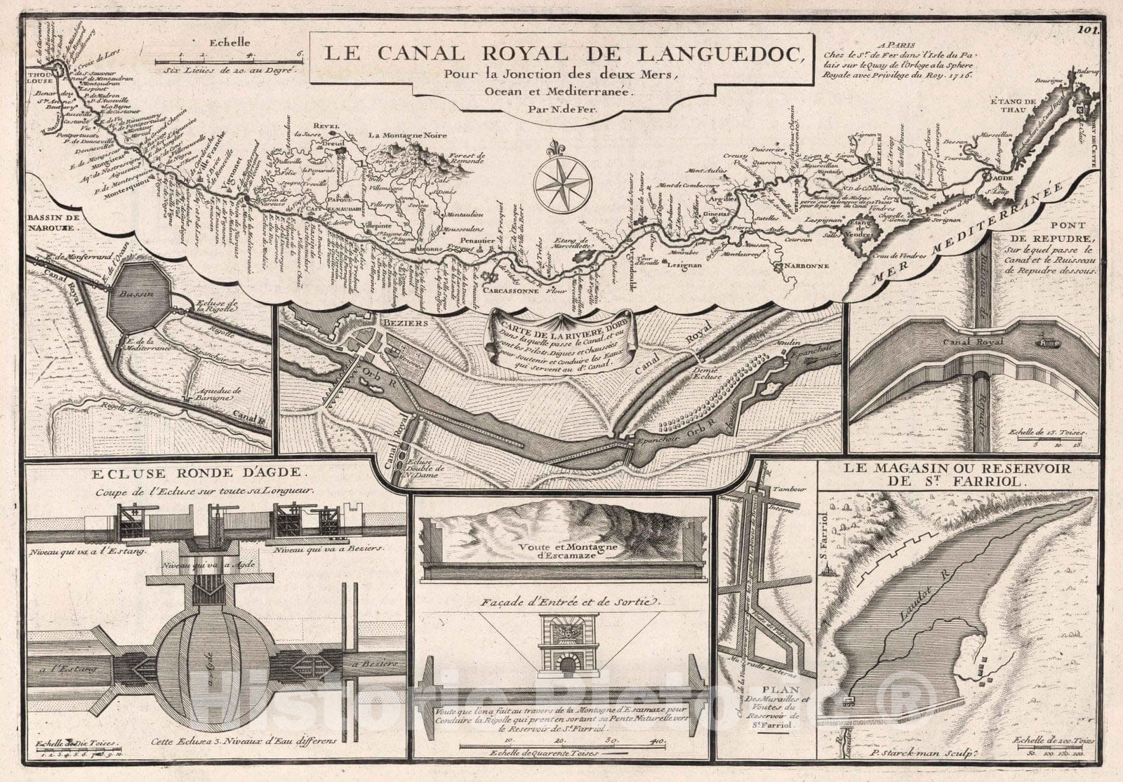 Canal du Midi, 1716 - Historical Map Print
